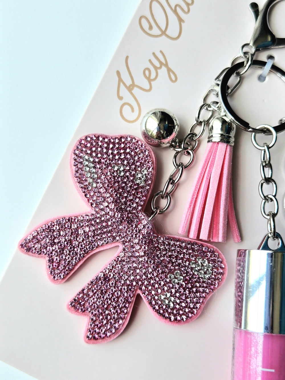 Tahari Pink Rhinestone Bow Keychain Lip Gloss & Photo Frame Bag Charm, Tassel - Picture 5 of 7